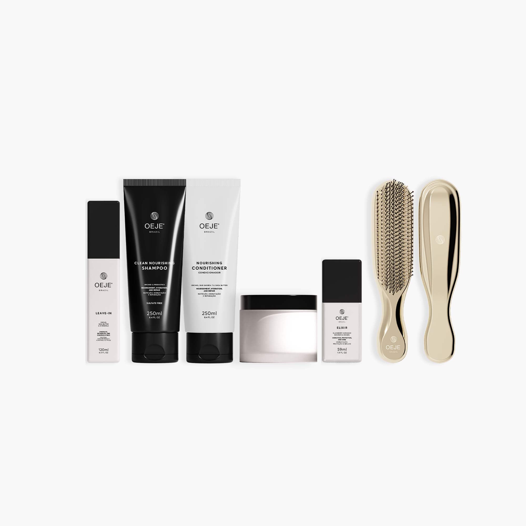 Oeje Brazil Kit Ritual - Shampoo 250ml + Condicionador 250ml + Máscara 200g + Leave in 120ml + Elixir 59 ml + Escova
